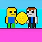 Två pixelart-karaktärer med fyrkantiga huvuden, en gul och en grå, håller i ett stort guldmynt med en dollartecken på en färgglad bakgrund