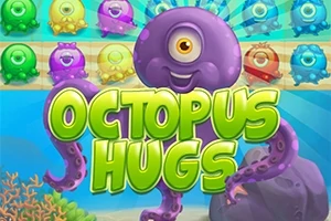 En glad lila bläckfisk med ett öga omgiven av färgglada varelser mot en havsbottenbakgrund med texten Octopus Hugs i förgrunden
