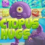 En glad lila bläckfisk med ett öga omgiven av färgglada varelser mot en havsbottenbakgrund med texten Octopus Hugs i förgrunden