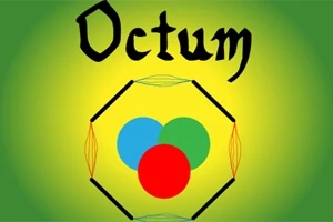 Texten Octum med tre överlappande cirklar i rött, blått och grönt, omgivna av en sexhörning, mot en grön bakgrund