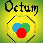 Texten Octum med tre överlappande cirklar i rött, blått och grönt, omgivna av en sexhörning, mot en grön bakgrund