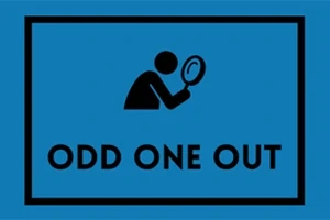 En blå rektangel med en silhuett av en person som tittar genom ett förstoringsglas ovanför texten Odd One Out