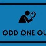 En blå rektangel med en silhuett av en person som tittar genom ett förstoringsglas ovanför texten Odd One Out