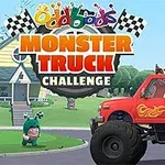 En röd monstertruck med figurer i färgglada dräkter och hus i bakgrunden