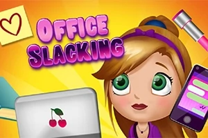Tecknad flicka med gröna ögon och blont hår, omgiven av en laptop med körsbärsdekor, en smartphone och texten Office Slacking på gul bakgrund