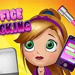 Tecknad flicka med gröna ögon och blont hår, omgiven av en laptop med körsbärsdekor, en smartphone och texten Office Slacking på gul bakgrund