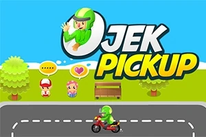 En tecknad figur i grön hjälm kör en motorcykel på en väg, med två små figurer och en bänk i bakgrunden samt blå himmel
