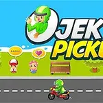 En tecknad figur i grön hjälm kör en motorcykel på en väg, med två små figurer och en bänk i bakgrunden samt blå himmel