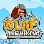 Viking med rött hår och hjälm ovanför texten OLAF THE VIKING mot en isig bakgrund