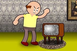 Tecknad figur med argt ansiktsuttryck som står framför en gammal TV med statisk störning, i ett rum med mönstrad tapet och en tavla