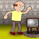 Tecknad figur med argt ansiktsuttryck som står framför en gammal TV med statisk störning, i ett rum med mönstrad tapet och en tavla
