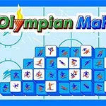 En stapel av blå Mahjong-brickor med vinteridrottssymboler mot en isrinkbakgrund med texten Olympian Mahjong ovanför
