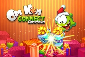 Tecknad grön karaktär med tomteluva svävar över julklappar och en gåva med ljuseffekt, omgiven av färgglada presenter på en randig orange bakgrund