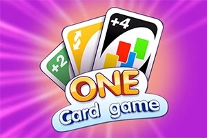 Tre spelkort med symbolerna +2, omvänd pil och +4 visas mot en lila bakgrund med texten One Card Game framtill