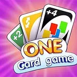 Tre spelkort med symbolerna +2, omvänd pil och +4 visas mot en lila bakgrund med texten One Card Game framtill