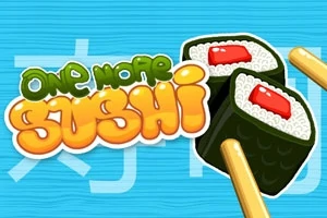 Titeltexten One More Sushi i färgglad stil bredvid två sushibitar med pinnar på en blå bakgrund