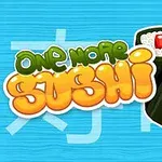 Titeltexten One More Sushi i färgglad stil bredvid två sushibitar med pinnar på en blå bakgrund