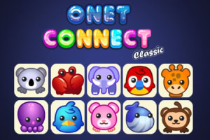 Färgglad titel Onet Connect Classic med tecknade djurikoner som koala, papegoja och giraff