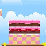 En tecknad bild av en färgglad tårta med lager av rosa, brun och vit glasyr mot en himmel fylld med moln