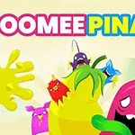 Färgglada tecknade figurer hoppar ut ur en gul piñata med texten OOMEE PINATA ovanför dem