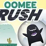 Illustration av två tecknade figurer, en med orange prickar och en svart i en bubbla, mot en bakgrund av berg och kaktusar under titeln OOMEE RUSH