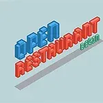 Texten OPEN RESTAURANT BERLIN visas i tredimensionella blockbokstäver i blått, rött och grönt mot en ljusblå bakgrund