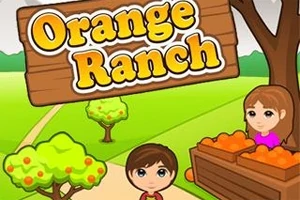 Tecknad bild av två barn på en gård med en träskylt med texten Orange Ranch, fruktträd och en låda full med apelsiner