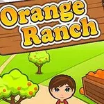 Tecknad bild av två barn på en gård med en träskylt med texten Orange Ranch, fruktträd och en låda full med apelsiner