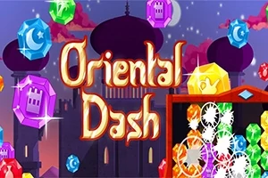 Orientaliskt tema med färgglada juveler och texten Oriental Dash mot en silhuett av en byggnad med kupolformade tak