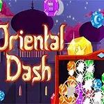 Orientaliskt tema med färgglada juveler och texten Oriental Dash mot en silhuett av en byggnad med kupolformade tak