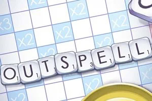 Brädspel med bokstäver som bildar ordet OUTSPELL på ett rutnät med poängmultiplikatorer