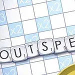 Brädspel med bokstäver som bildar ordet OUTSPELL på ett rutnät med poängmultiplikatorer
