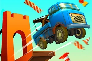 En blå lastbil hoppar från en orange ramp med flygande trafikkäglor i bakgrunden