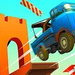 En blå lastbil hoppar från en orange ramp med flygande trafikkäglor i bakgrunden