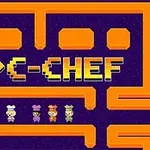 Texten PAC-CHEF med fyra pixlade kockar under på en lila och orange labyrintbakgrund