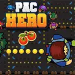 Tecknad labyrint med karaktärer, ett pixelart-stiligt monster, en hjälte och körsbär i mitten