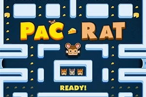 En tecknad labyrint med ordet PAC-RAT i stora bokstäver, en musfigurin i mitten och texten READY!