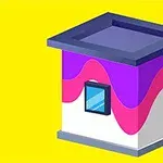 Ett litet, kvadratiskt hus i lila och rosa med ett blått fönster, mot en gul bakgrund