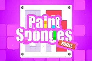 Lila bakgrund med texten Paint Sponges Puzzle i vitt och färgglada block i bakgrunden