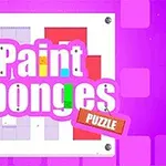 Lila bakgrund med texten Paint Sponges Puzzle i vitt och färgglada block i bakgrunden
