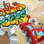 Färgglad graffititext med orden “Paintball Racers” ovanför en röd leksaksbil i ett kök fyllt med block och köksredskap