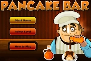 En animerad kock häller sirap över pannkakor bredvid menyerna Start Game, Select Level och How to Play med rubriken Pancake Bar ovanför