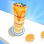 Hög stapel av pannkakor täckta med sirap och färgglada strössel på en vit yta mot en blå bakgrund