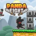 Tecknade pandor i ninja-outfits slåss i en plattformsmiljö med block och berg i bakgrunden, tillsammans med texten Panda Fight
