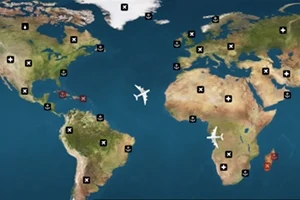 Karta över världen med ikoner och flygplanssymboler som markerar olika platser