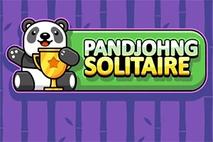 Tecknad panda som håller i en pokal bredvid texten Pandjohng Solitaire på en grön skylt med lila bakgrund