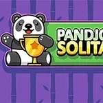 Tecknad panda som håller i en pokal bredvid texten Pandjohng Solitaire på en grön skylt med lila bakgrund