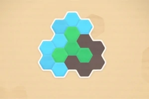 Färgade hexagoner i blå, gröna och svarta nyanser arrangerade på en beige bakgrund
