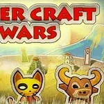Tecknade djurfigurer framför en bakgrund med kullar och byggnader, med texten Paper Craft Wars i rött ovanför