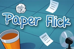 Texten Paper Flick visas med ett skrivbord innehållande ett papper, en papperskorg och en fläkt i bakgrunden